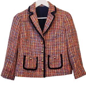 Talbots Women’s Colorful Tweed Gold Button Lady Jacket Blazer Navy Trim | Size 6